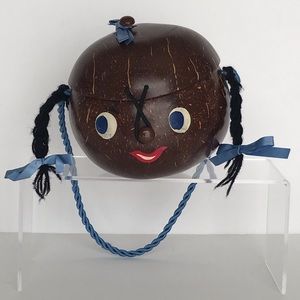 Vintage Smiling Face Coconut Purse Handbag with Pigtails Bows Unique Top Closure